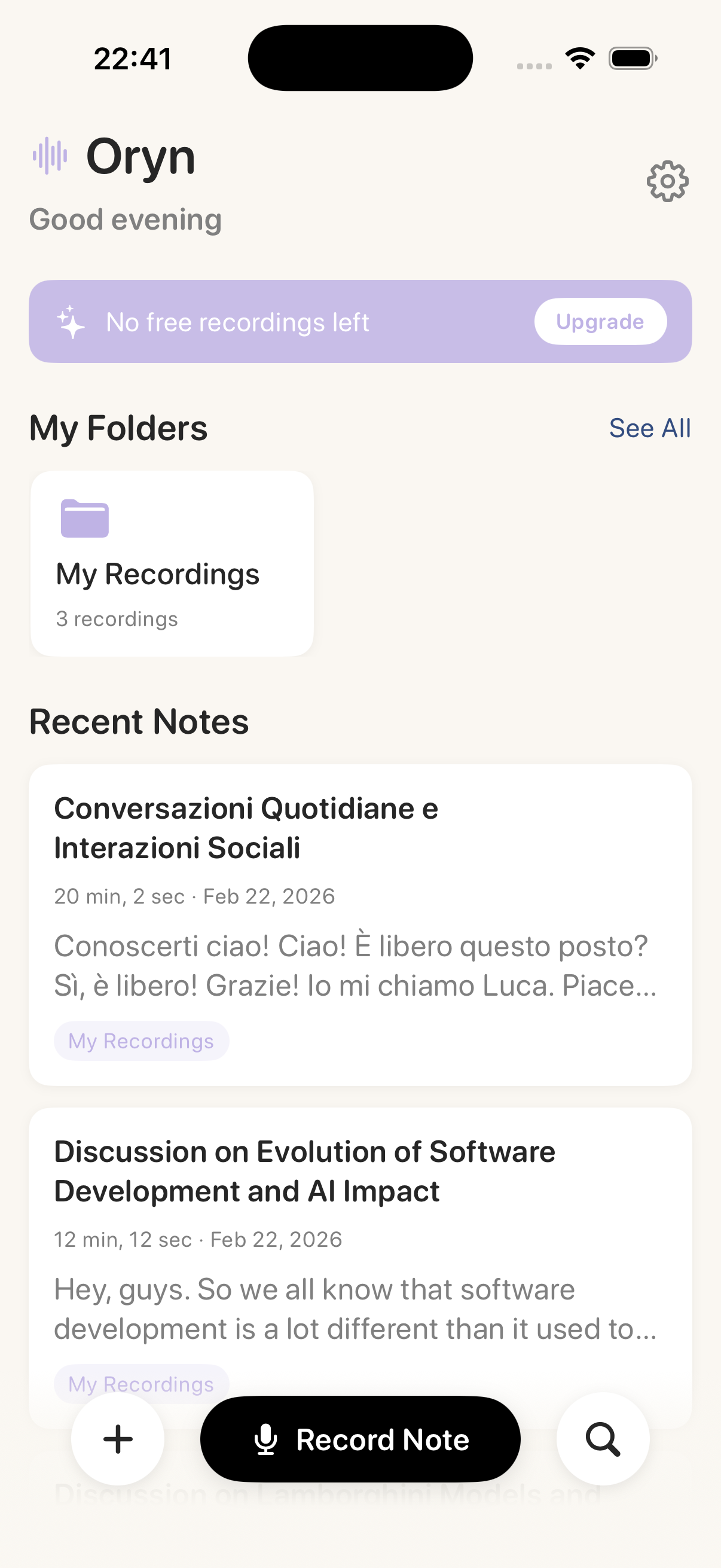 Oryn app home screen showing transcription features